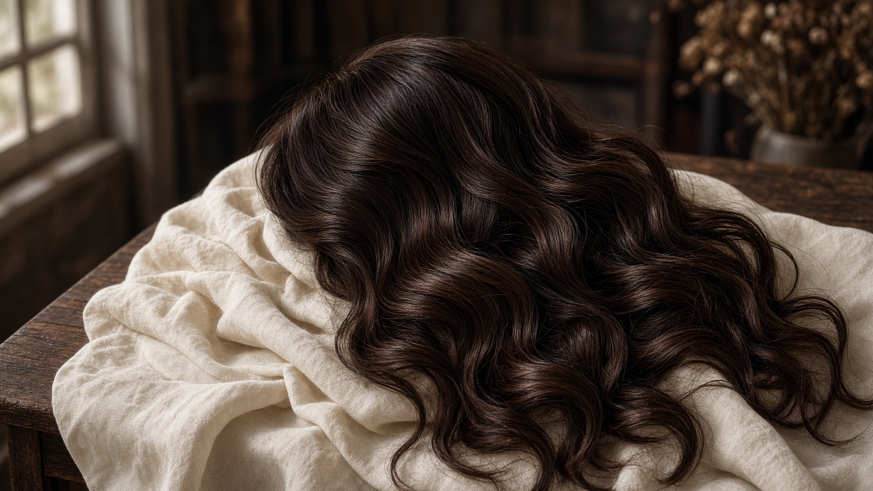 Cascade of natural Indian human hair on linen